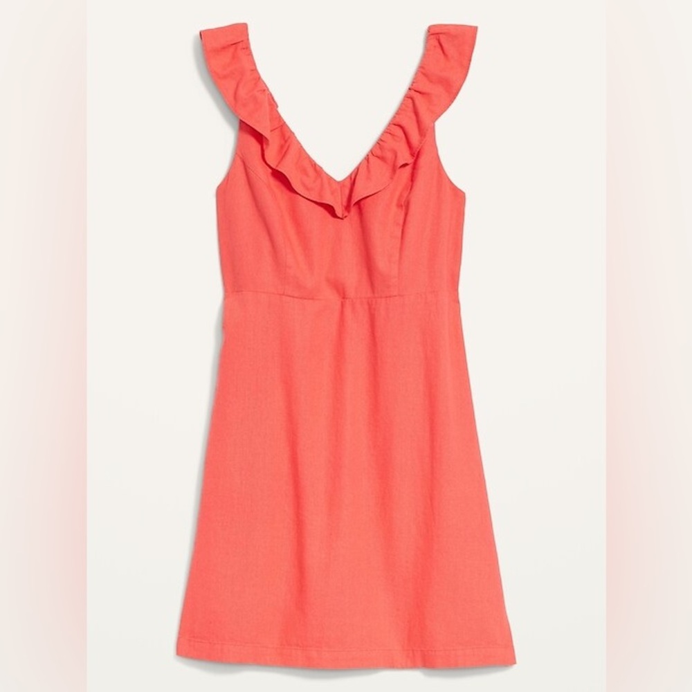 Old Navy Coral ruffled v-neck linen-blend mini dress